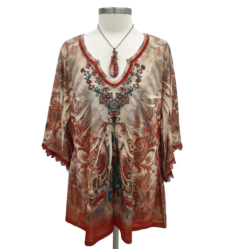Live and Let Live Womens 2X Paisley Embroidered Tunic Top V-Neck Lace Trim 3/4